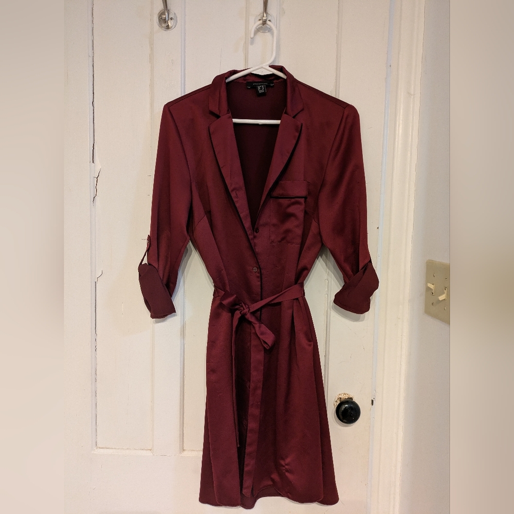 Red silk robe with black trim and tie